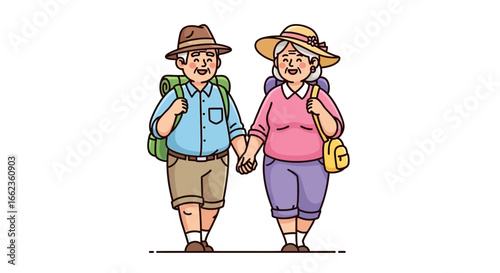 A happy elderly couple with backpacks and hats, holding hands while traveling together.