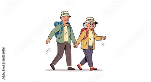 An elderly Asian couple holding hands and walking together, dressed for hiking with backpacks and hats.