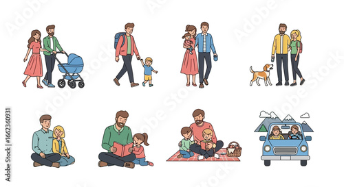 A collection of cartoon illustrations showing diverse family moments, including walks, picnics, reading, and travel.