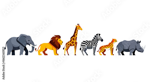 A lineup of illustrated African wildlife: elephant, lion, giraffe, zebra, cheetah, and rhinoceros.
