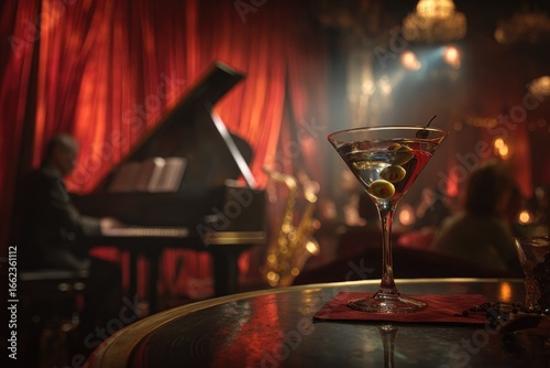Piano player and martini in a dimly lit jazz club