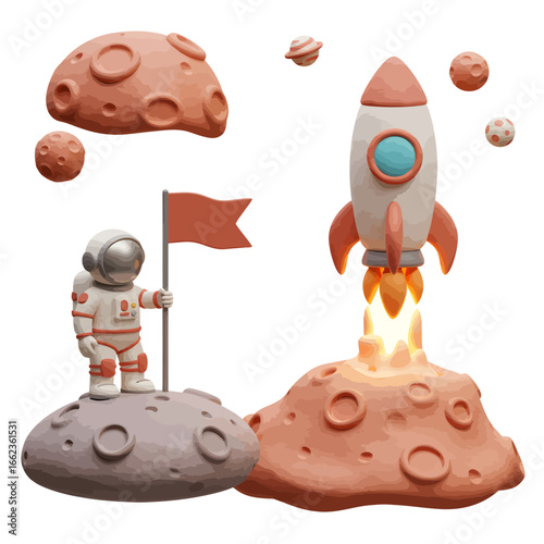 A 3D rendered astronaut stands on a moon with a flag, rocket launch, and planets.
