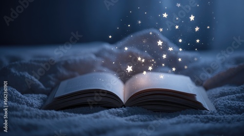 Open book with glowing stars and cozy blanket