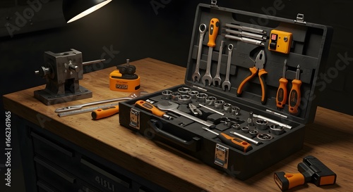 Modern garage workbench with a toolbox containing a complete set of neatly organized tools, symbolizing precision and reliability.