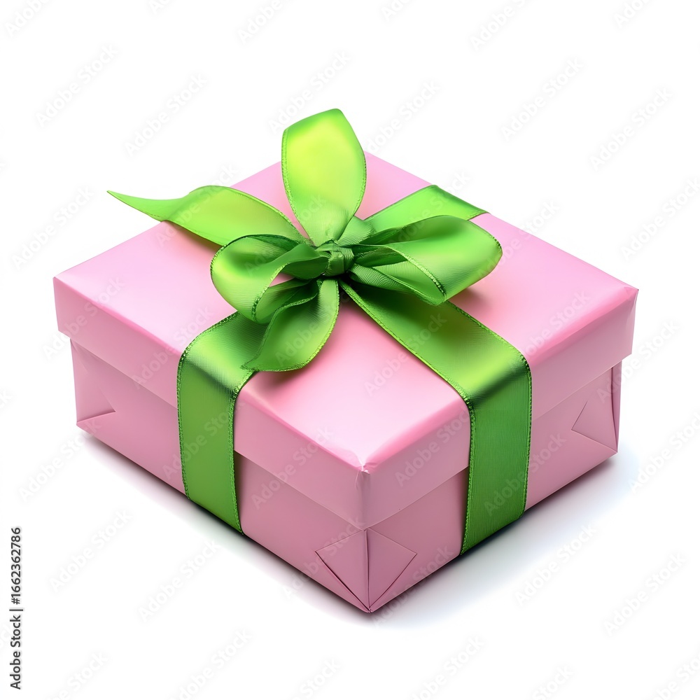 Obraz premium Pink Gift Box with Green Ribbon Bow, Present Package