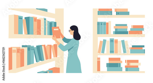 Organizing bookshelves a librarian's guide to efficient book arrangement in a cozy library setting. Vector illustration