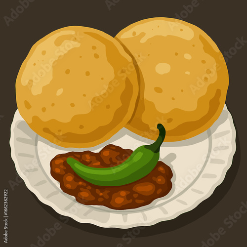 Savor authentic Indian street food with delicious puri and spicy chana masala, a vibrant culinary delight perfect for food blogs and restaurant promotions.