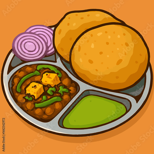Delicious Indian Chole Bhature served with mint chutney and sliced onions on a thali plate, a vibrant and flavorful culinary delight perfect for food blogs and menus