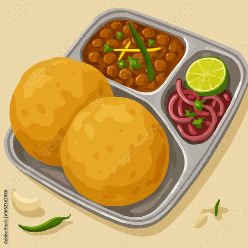 Savoring a delicious Indian meal with fluffy puri, savory chana masala, and zesty pickled onions presented on a convenient metal thali tray for an authentic culinary experience.
