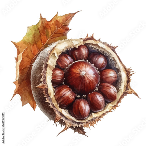 Chestnut Branch Closeup, watercolor painting vector, isolated on a white background.