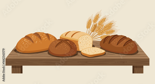 Artisan bread display bakery food photography rustic setting close-up view culinary delight. Vector illustration