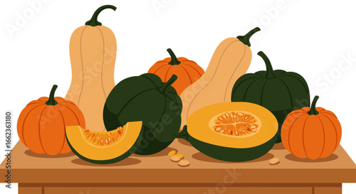 Harvest celebration colorful pumpkins and gourds on a rustic table autumn kitchen still life warm atmosphere. Vector illustration