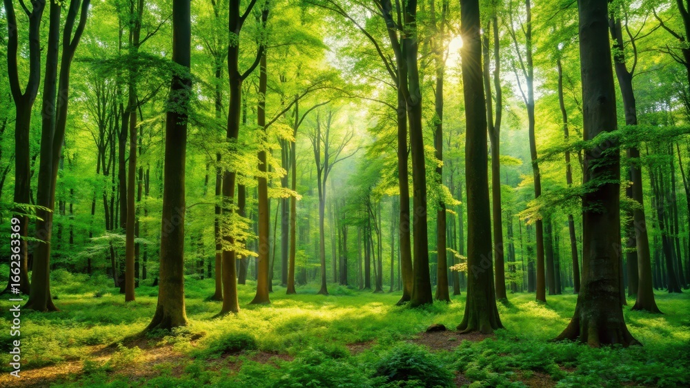 Fototapeta premium Lush green forest with tall trees and vibrant foliage, foliage, trees, foliage, trees, forest