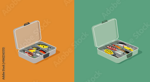 Fishing lures displayed in tackle box studio setting product photography vibrant colors close-up view hobbyist collection. Vector illustration