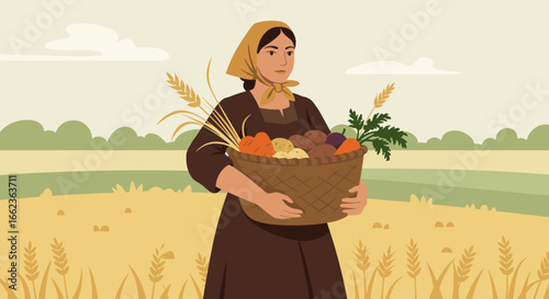 Harvesting fresh produce rural farm illustration serene landscape close-up agricultural tradition. Vector illustration