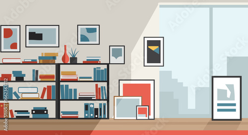 Artistic home office setup with bookshelves and artwork modern apartment digital illustration cozy workspace interior design concept. Vector illustration