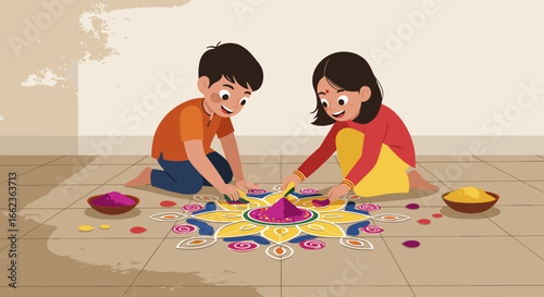 Children celebrating diwali by creating rangoli designs at home colorful art indoor setting joyful atmosphere. Vector illustration