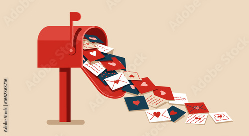 Love letters overflowing from a red mailbox digital illustration romantic theme cozy environment top view. Vector illustration