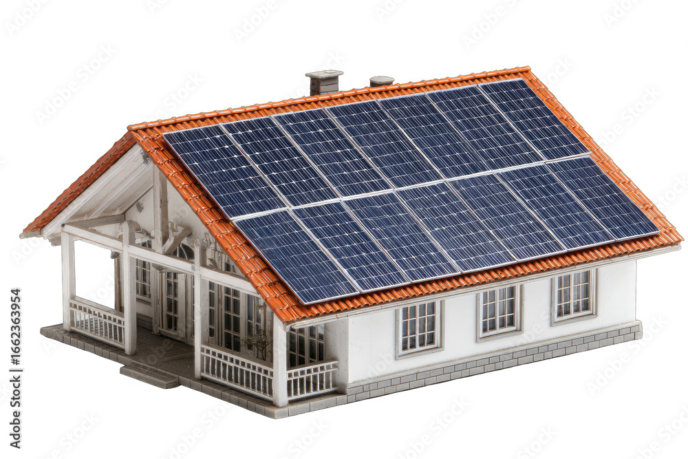 Fototapeta premium 3D model of a house with solar panels on the roof