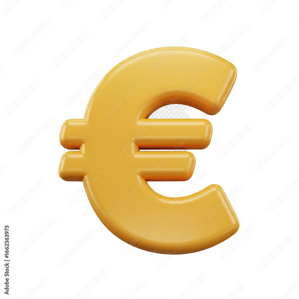 Obraz premium A vibrant, three-dimensional rendering of the Euro currency symbol, showcasing a glossy, golden hue against a stark, transparent background, emphasizing financial concepts.