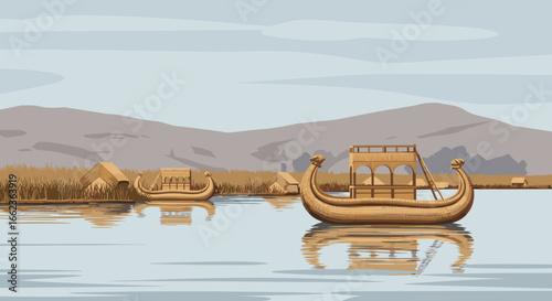 Exploring ancient maritime adventures viking boats on tranquil waters scenic landscape artistic illustration. Vector illustration