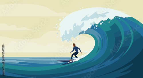 Surfer riding a massive wave ocean beach digital art vibrant environment dynamic viewpoint. Vector illustration