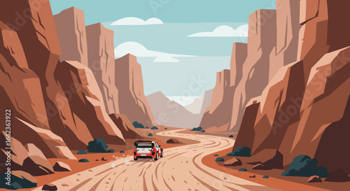 Adventure journey through rocky canyons desert landscape digital illustration scenic view road trip concept. Vector illustration