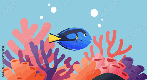 Dory swimming among colorful coral reefs underwater scene digital art vibrant marine environment bright viewpoint. Vector illustration