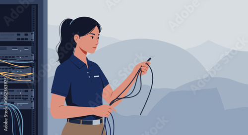 Tech professional organizing cables in server room digital illustration corporate environment focused view. Vector illustration