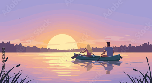 Couple kayaking at sunset over a serene lake nature scene relaxing environment peaceful view. Vector illustration