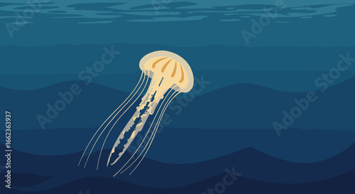 Exploring the graceful movement of jellyfish in deep ocean waters underwater scene serene environment. Vector illustration