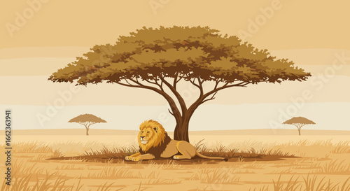 Resting lion under acacia tree african savanna digital art golden landscape wide view wildlife conservation. Vector illustration