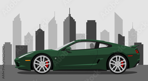 Dynamic sports car racing through urban landscape philadelphia digital illustration modern environment side view automotive concept. Vector illustration