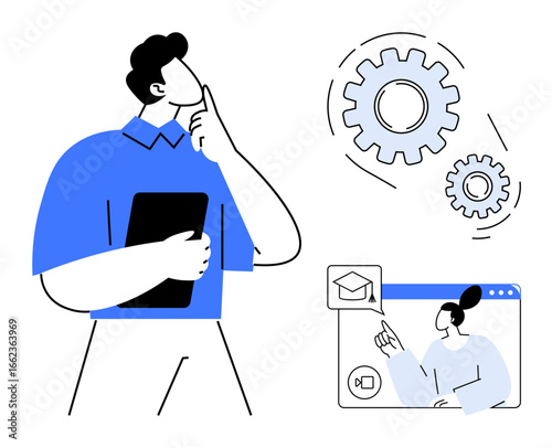 Man holding tablet contemplating with gears indicating ideas or problem-solving, alongside a digital learning representation. Ideal for e-learning, technology, innovation, team planning