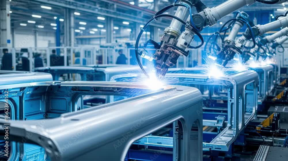 Modern factory interior featuring robotic arms performing spot welding ...