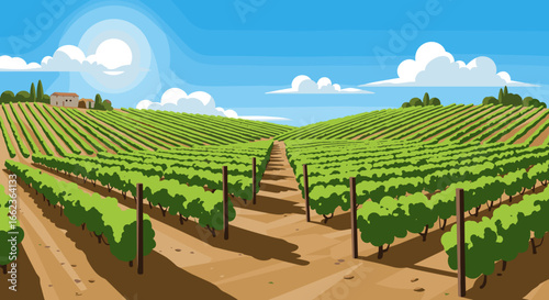 Vineyard harvesting event in sunny countryside landscape illustration bright environment aerial perspective. Vector illustration