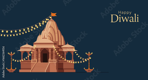 Celebrating diwali festival hindu temple digital illustration festive atmosphere artistic view cultural significance. Vector illustration
