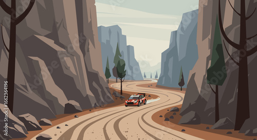 Off-road racing adventure mountain pass digital art scenic view dynamic landscape. Vector illustration