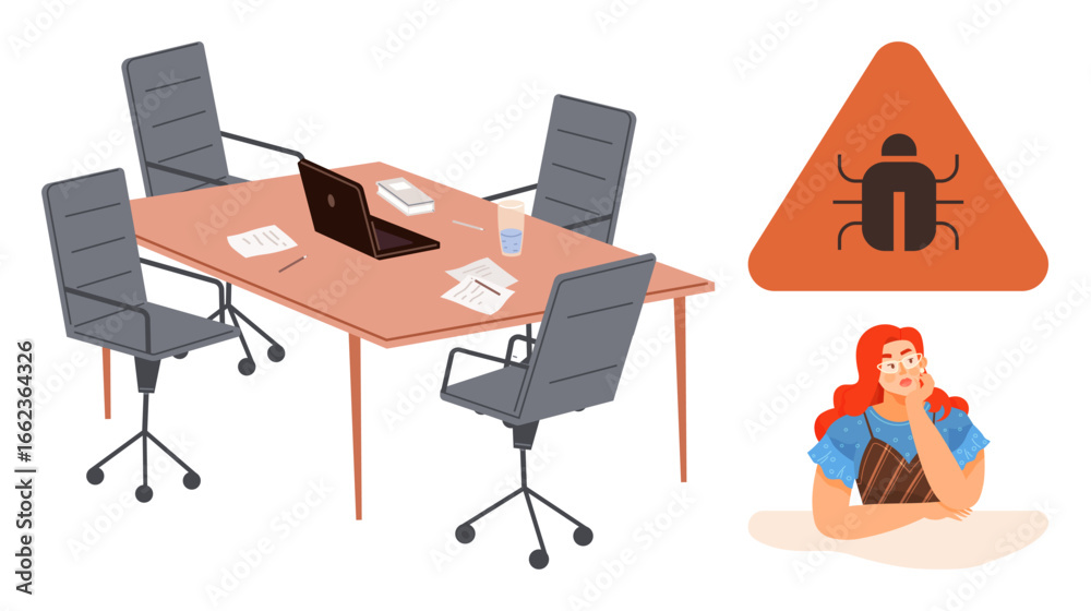 Fototapeta premium Office table with laptop, papers, and empty chairs, a triangular bug sign, and a thoughtful woman. Ideal for teamwork, cybersecurity, brainstorming, problem-solving debugging technical issues