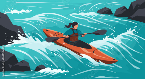 Kayaking adventure through rapid waters mountain river digital art outdoor eye-level action-packed experience. Vector illustration
