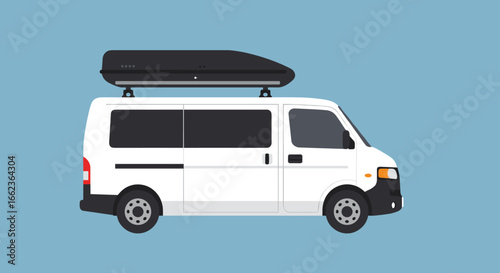 Adventure van with roof box ready for travel minimalist design graphic illustration blue background. Vector illustration