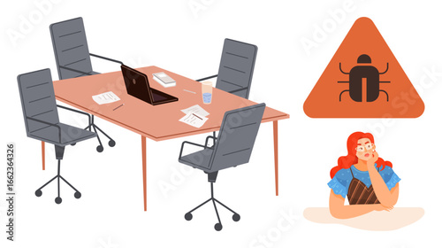 Office table with laptop, papers, and empty chairs, a triangular bug sign, and a thoughtful woman. Ideal for teamwork, cybersecurity, brainstorming, problem-solving debugging technical issues