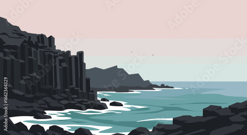 Waves crashing on rocky shoreline coastal landscape digital art serene environment wide angle view nature's beauty. Vector illustration