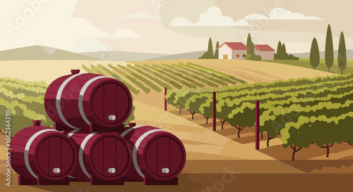 Harvesting grapes at a scenic vineyard wine production area digital illustration serene landscape aerial view nature's beauty. Vector illustration