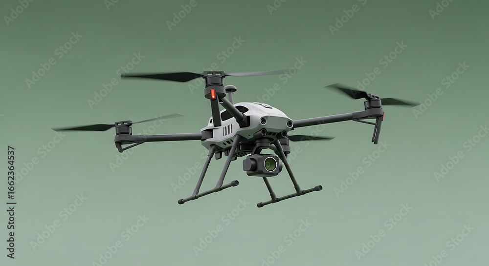 Fototapeta premium Modern Quadcopter Drone with Camera Hovering. Advanced UAV Technology for Aerial Photography, Mapping, and Surveillance on Green Background.