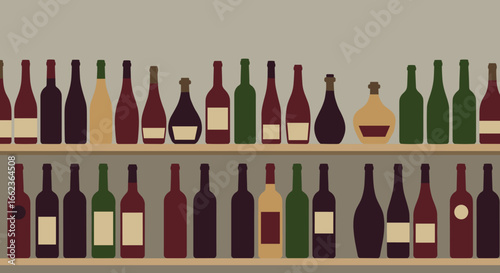 Showcasing vintage bottles home bar artwork minimalist eye-level aesthetic wine collection display. Vector illustration