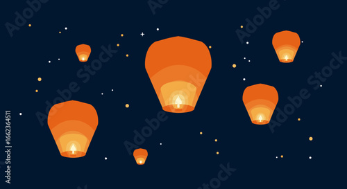 Releasing colorful lanterns at night outdoor festival digital illustration starry sky aerial view celebration of light. Vector illustration