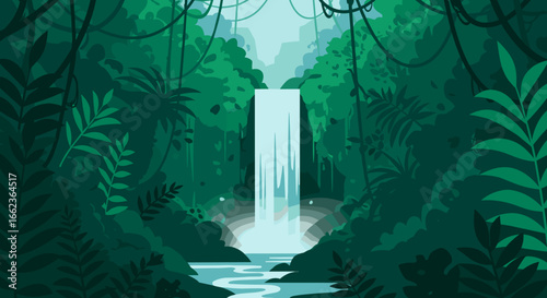 Majestic waterfall cascading through lush jungle nature scene serene environment aerial view tranquility concept. Vector illustration