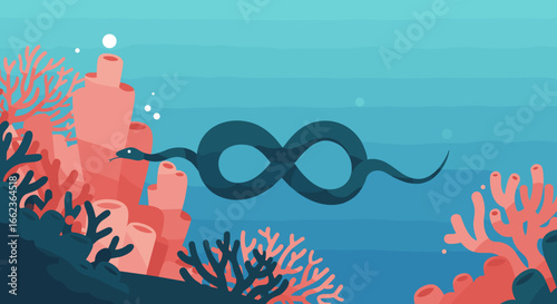 Underwater infinity serpent swimming among coral reefs ocean environment illustrative concept. Vector illustration