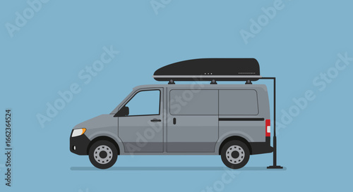 Transport action van with roof box urban setting digital art side view adventure concept. Vector illustration